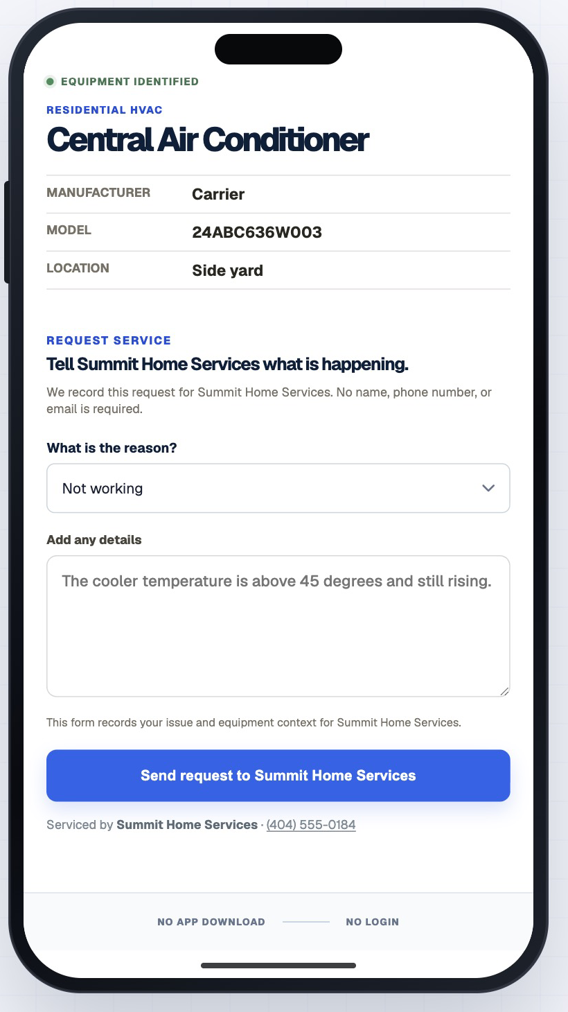 The Tech Was Here homeowner service-request experience shown inside a phone