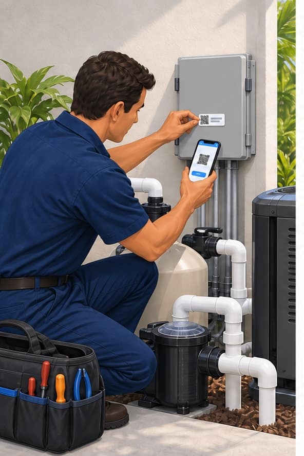 Illustration of a pool-service technician applying and linking a QR service tag to a pool equipment controller