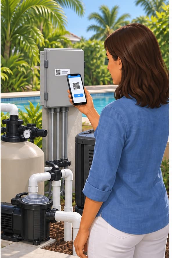 Illustration of a homeowner scanning the QR service tag on a pool equipment controller to request service