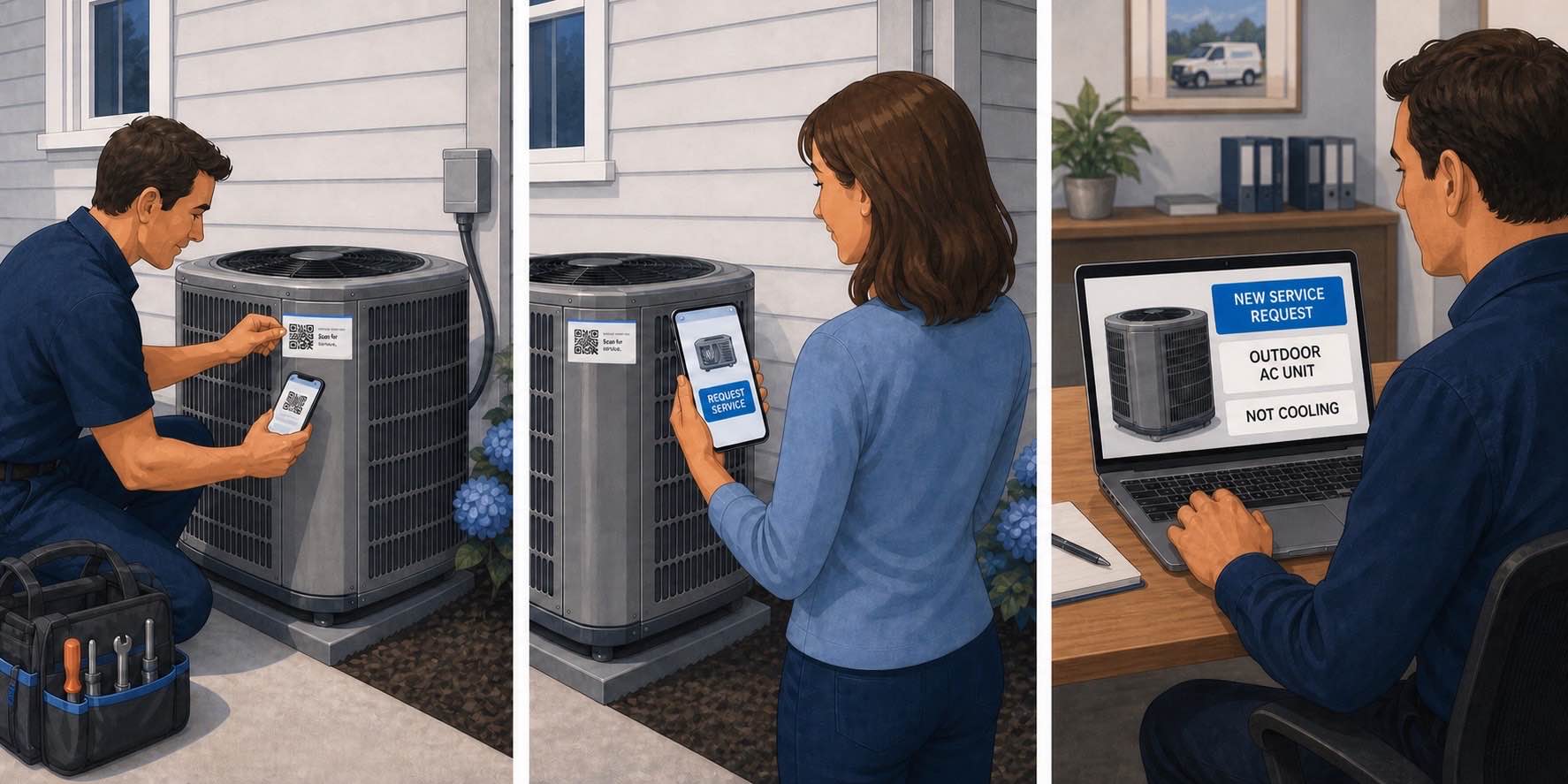 Illustration of a technician applying and linking a QR service tag to an outdoor HVAC unit