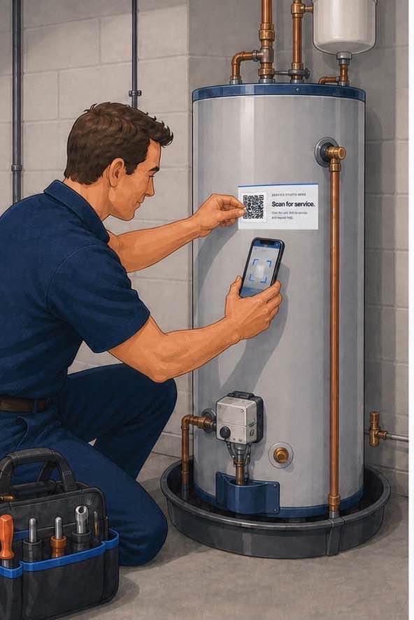 Illustration of a technician applying and linking a QR service tag to a residential water heater