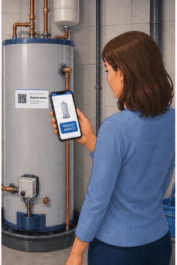 Illustration of a homeowner scanning the QR service tag on a water heater to request service