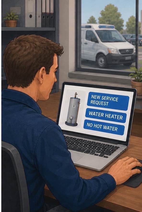 Illustration of a service-company team member receiving a water-heater service request with the unit and issue identified